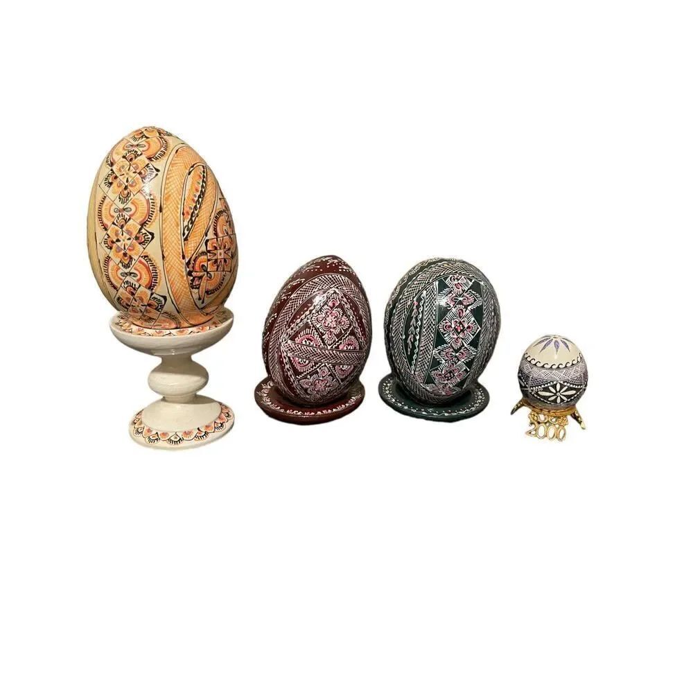 Set Of 4 Wooden Pysanky Collector Egg Colorful Geometric Design With Each Stand
